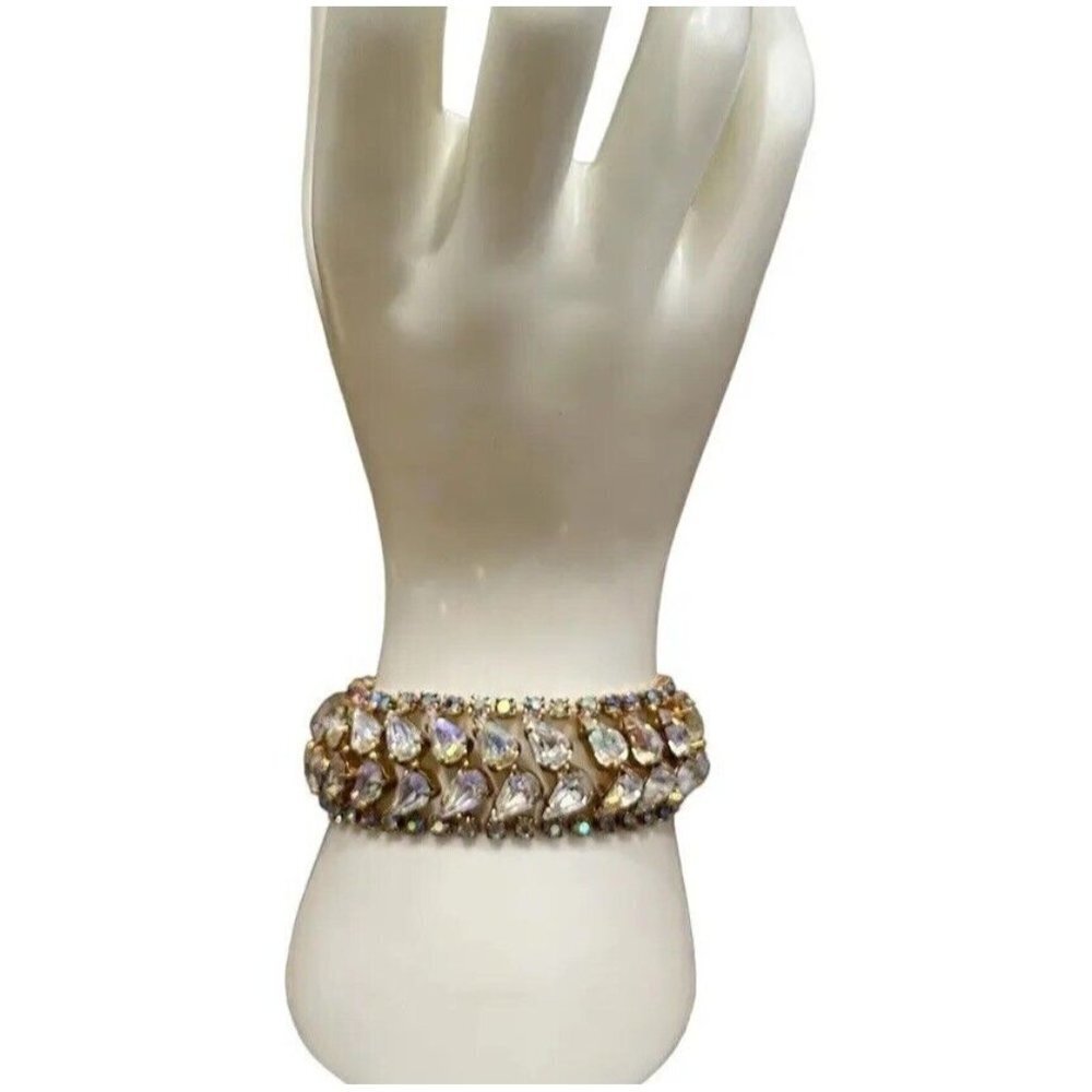 VTG Weiss Bracelet Size 7.5 Double Row Rainbow AB Rhinestones Gold Plated Signed